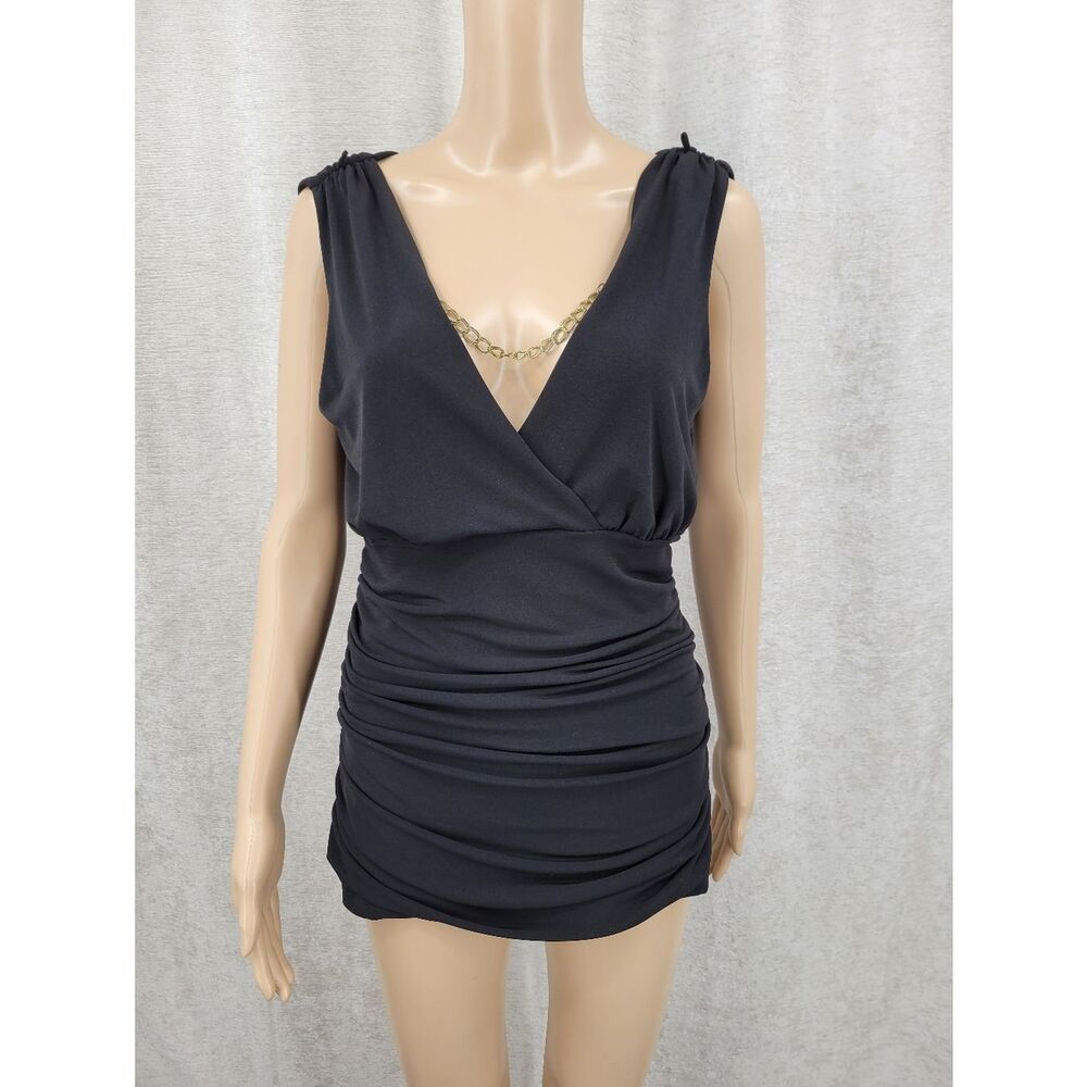 Cache Y2K Black Draped Chain Detail Cowl Neck Ruched Tank Top - Picture 2 of 9